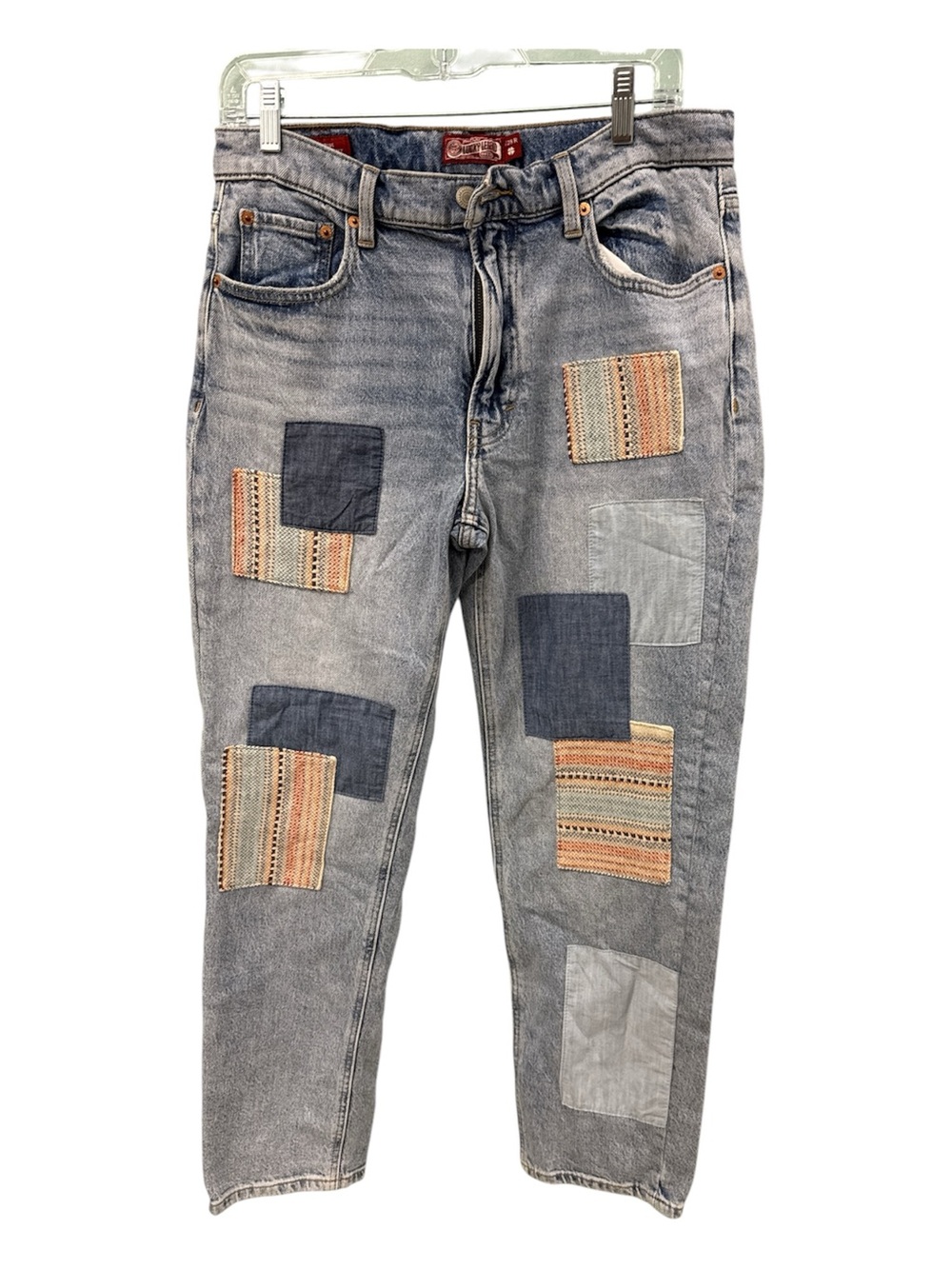 Women Patchwork Light Wash Jeans - Gray with Multicolor Patches